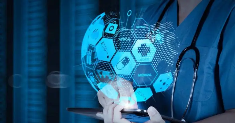 digital illustration of a blue translucent globe made up of hexagons with different symbols like pills, crosses, and other medical symbolism