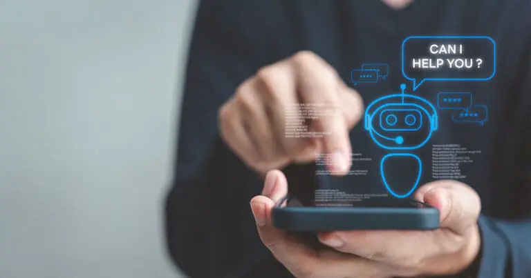 photograph of a person holding a mobile phone in one hand and touching the screen with the other with a digital graphic of the outline of a robot hovering over the phone to symbolize a chatbot