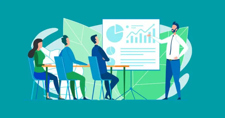 Illustration of two people sitting watching a third person give a presentation with charts and graphs to demonstrate annual staffing budget