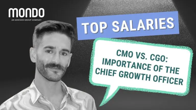 black and white image of a smiling female staffing professional with dark hair standing next to colorful text that reads "Top Salaries: CMO vs CGO: Importance of the chief growth officer"