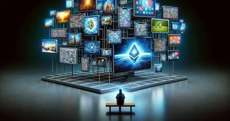 ai-generated image of a large wall of screens of different sizes with images of various advertisements with a man sitting on a bench looking up at them all