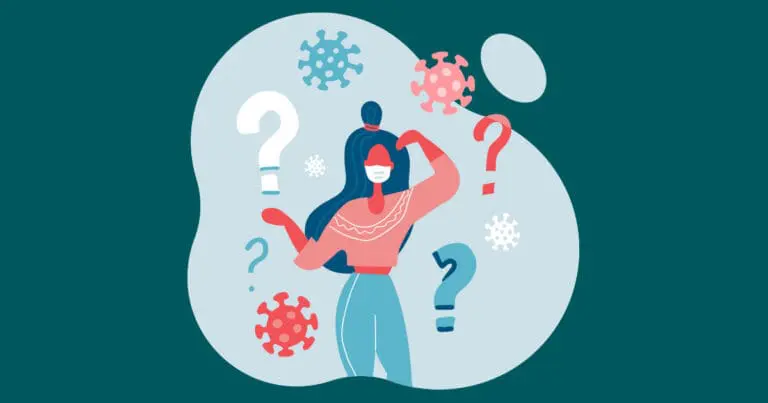 Illustration of a female in front of an abstract shape surrounded by floating question marks and covid virus symbols