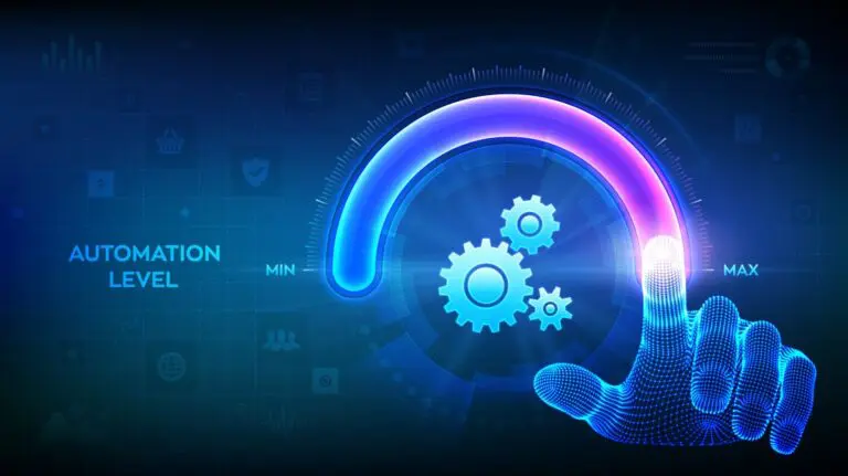 A digital illustration showing a hand made of blue wireframe patterns adjusting a gauge from minimum to maximum. The gauge is semi-circular and emits a gradient of blue to purple light. Inside the gauge, there are three gears of different sizes interlocking with each other. The background is dark blue with various technology-related icons, all to represent routine task automation.