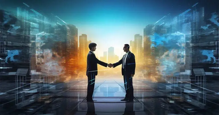 Image of two men shaking hands in front of a colorful cityscape backdrop