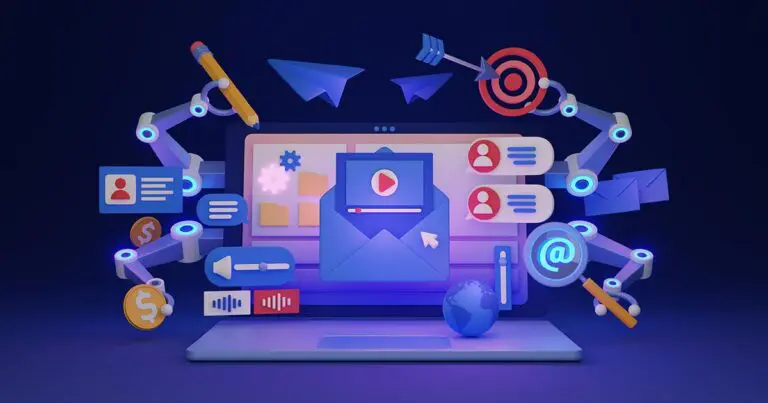 A dynamic illustration depicting marketing automation tools and processes. The image features robotic arms performing various tasks around a laptop, symbolizing automation. Elements include an email icon, social media profiles, gears for settings, a target for goals, paper planes for communication, and financial symbols, representing the comprehensive nature of marketing automation. The dark background highlights the vibrant colors of the tools, emphasizing efficiency and innovation in modern marketing strategies.