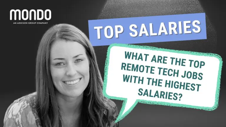 black and white image of a smiling female staffing professional with dark hair standing next to colorful text that reads "Top Salaries - What are the top remote tech jobs?"