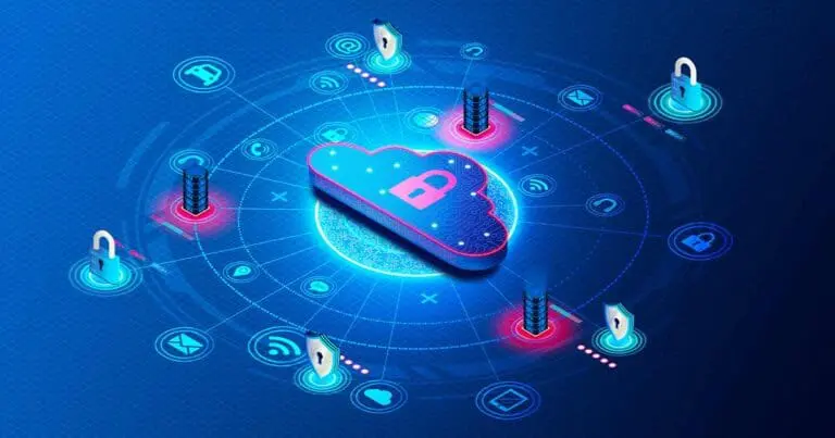 digital illustration of a cloud in the middle of a bullseye surrounded by a circular grid and several icons like shields and people