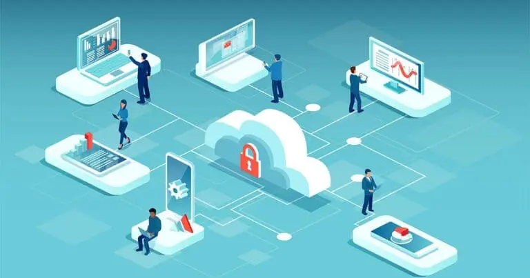 digital illustration of interconnected tech devices all connected by white circuitry lines to a cloud in the center